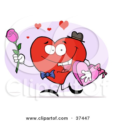 Clipart Illustration of a Romantic Heart Guy Carrying A Pink Rose And Chocolates by Hit Toon
