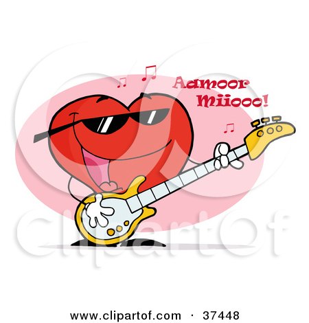 Clipart Illustration of a Musical Heart Character With Notes, Singing And Playing A Guitar by Hit Toon