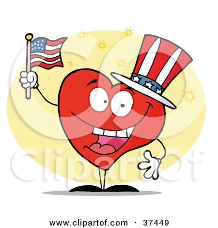 Clipart Illustration of a Patriotic American Heart Character In A Hat Flag On Independence Day by Hit Toon