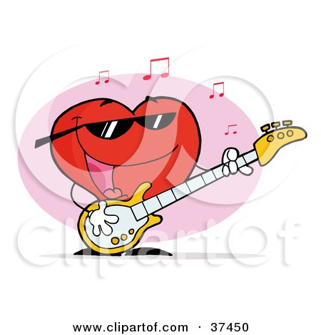 Clipart Illustration of a Sweet Red Heart Guy Playing A Guitar And Singing by Hit Toon