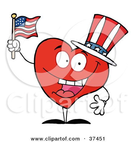 Clipart Illustration of a Happy Red Heart Character In A Patriotic Hat, Waving An American Flag by Hit Toon