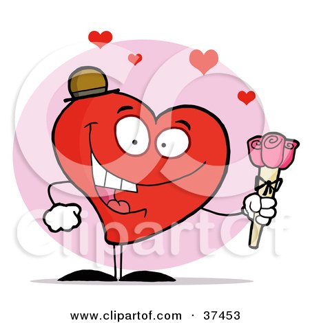 Clipart Illustration of a Romantic Red Heart Man Holding Three Pink Roses by Hit Toon