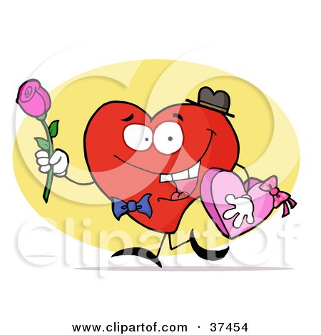 Clipart Illustration of a Red Heart Man Carrying A Box Of Valentines Day Chocolate And A Pink Rose by Hit Toon