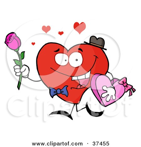 Clipart Illustration of a Sweet Red Heart Man Carrying Chocolates And A Rose On Valentines Day by Hit Toon
