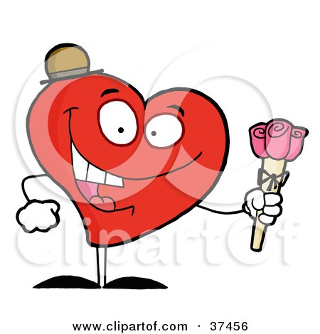 Clipart Illustration of a Happy Red Heart Man In A Hat, Holding Three Pink Roses by Hit Toon