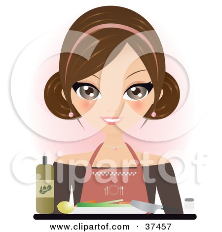 Clipart Illustration of a Pretty Female Chef With Oil, A Knife, Lemon And Vegetables On A Cutting Board by Melisende Vector