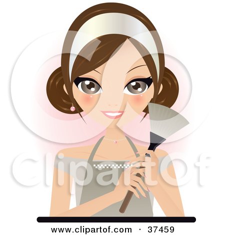 Clipart Illustration of a Pretty Brunette Maid In An Apron, Holding a Feather Duster by Melisende Vector
