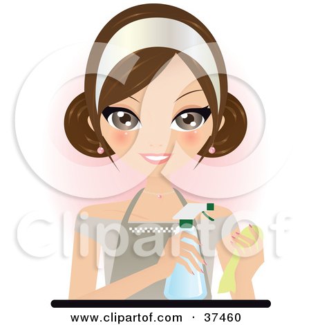 Clipart Illustration of a Pretty Brunette Maid In An Apron, Spraying Cleaner Onto A Rag by Melisende Vector