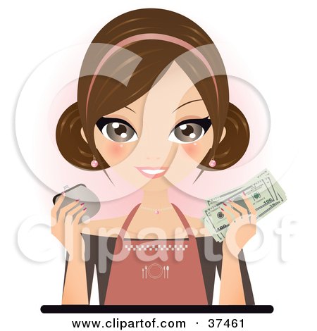 Clipart Illustration of a Happy Waitress Or Restaurant Owner, Holding Up Cash And A Coin Purse For Her Earned Tips by Melisende Vector