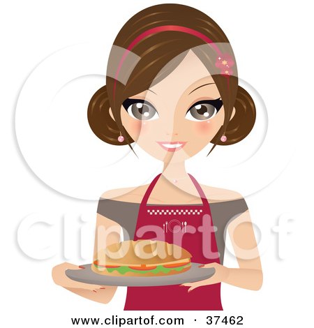 Clipart Illustration of a Pretty Female Sandwich Artist Carrying A Fresh Sub On A Platter by Melisende Vector