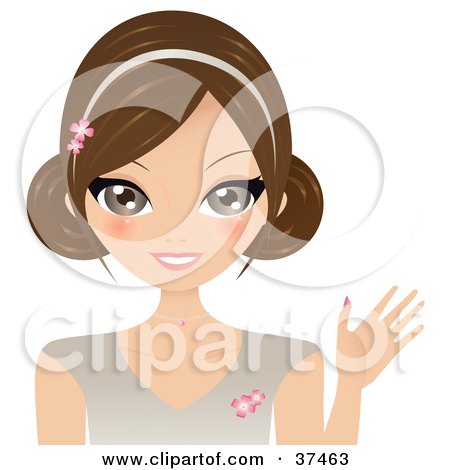 Clipart Illustration of a Pretty Brunette Lady Wearing A Floral Headband, Smiling And Waving by Melisende Vector
