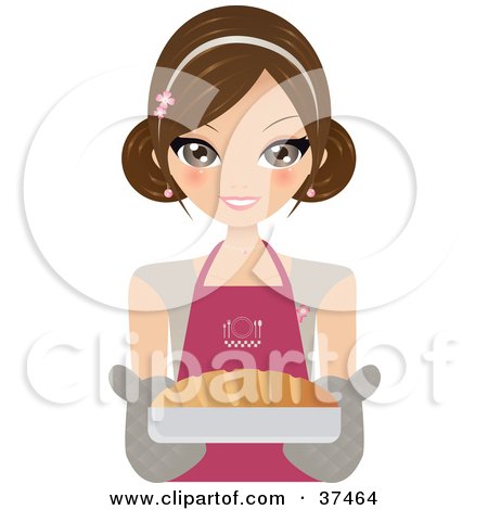 Clipart Illustration of a Pretty Female Chef Holding Out Fresh French Bread In A Dish by Melisende Vector