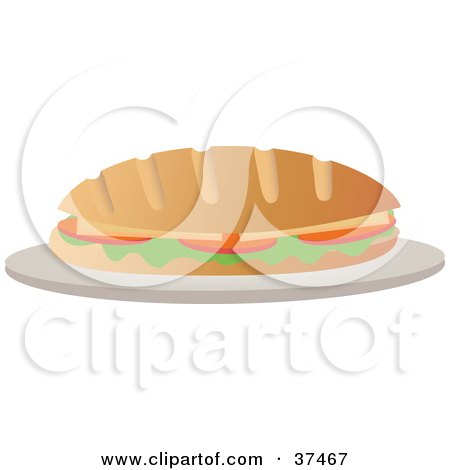 Clipart Illustration of a Fresh Sub Sandwich On French Bread, Served On A Plate by Melisende Vector