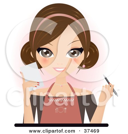 Clipart Illustration of a Friendly Brunette Waitress Holding A Pen And Notepad, Ready To Take An Order by Melisende Vector