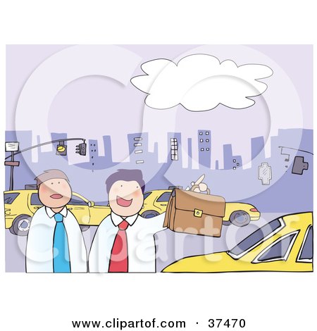 Clipart Illustration of Two Businessmen In A City, On A Busy Street With Taxi Cabs And A Skyline In The Background by Lisa Arts