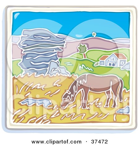 Clipart Illustration of a Horse Grazing On Grasses Near A Home With Rolling Hills In The Background by Lisa Arts