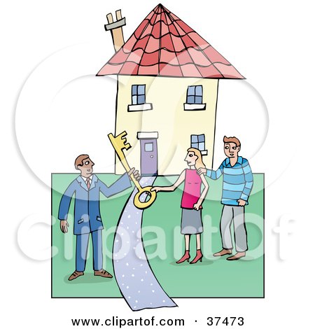 Clipart Illustration of a Male Realtor Handing A Large Skeleton Key To A Couple On The Lawn Of Their New Home by Lisa Arts