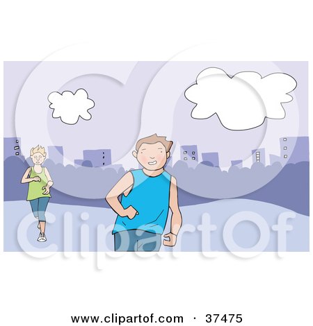 Clipart Illustration of a Man And Woman Jogging In A City Park, A Skyline In The Background by Lisa Arts