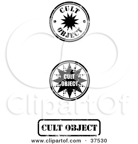 Clipart Illustration of Three Distressed Black And White Cult Object Seals And Signs by Eugene