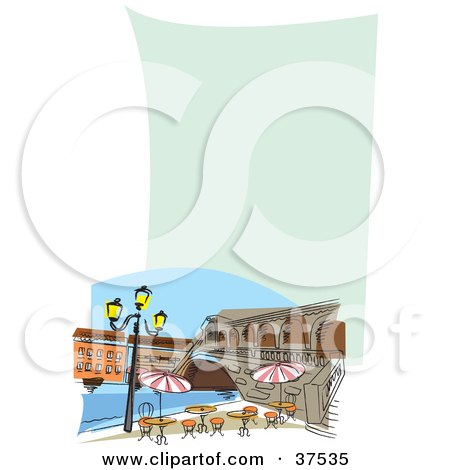 Clipart Illustration of an Outdoor Cafe Near A Bridge On The Riverfront On A Blank Restaurant Menu by Eugene