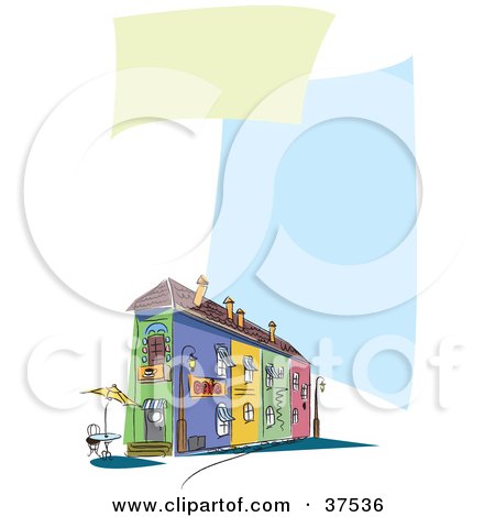 Clipart Illustration of a Table Near A Building On A Blank Restaurant Menu With Green And Blue Spaces For Text by Eugene