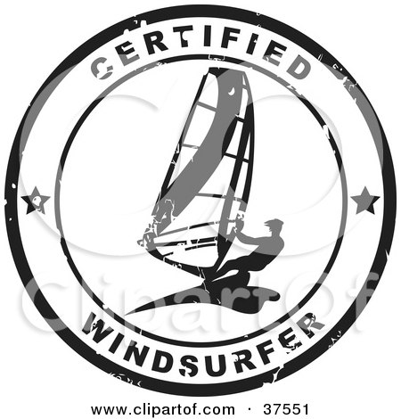 Clipart Illustration of a Distressed Black And White Certified Windsurfer Seal by Eugene