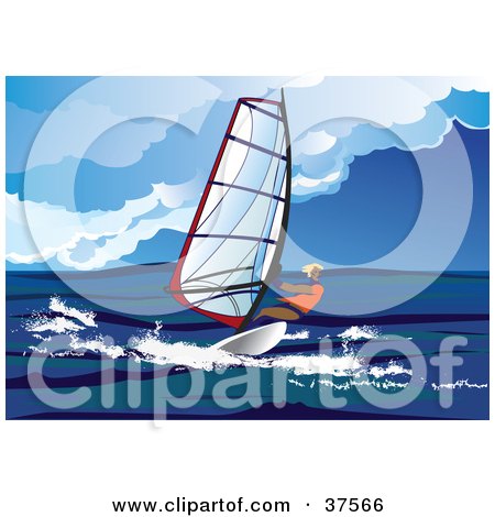 Clipart Illustration of a Windsurfer Riding Waves Out At Sea by Eugene