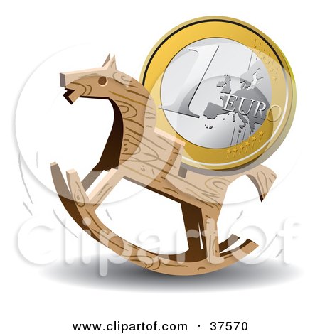 Clipart Illustration of a Euro Coin On The Back Of A Wooden Rocking Horse by Eugene