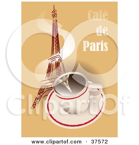 Clipart Illustration of a Hot Cup Of Coffee With Steam Winding Up The Eiffel Tower On A Cafe De Paris Background by Eugene