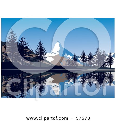 Clipart Illustration of a Beautiful Snow Capped Mountain Of The Alps, Reflecting With Trees In A Still Lake by Eugene