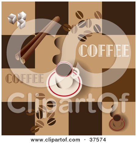 Clipart Illustration of a Hot Cup Of Coffee On A Saucer On A Brown Background With Squares, Coffee Beans, Cinnamon Sticks And Sugar Cubes by Eugene