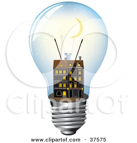 Clipart Illustration of a Crescent Moon Above An Apartment Building Inside A Light Bulb by Eugene