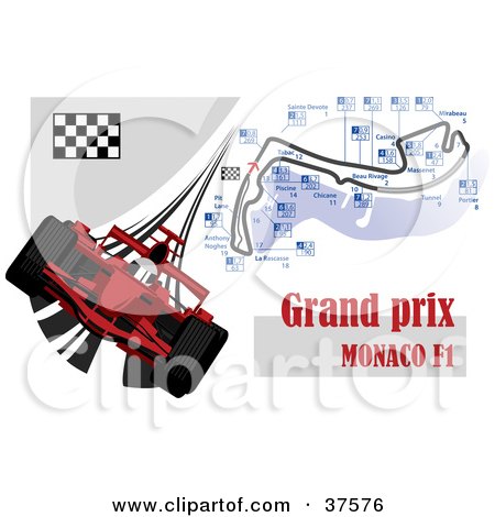Clipart Illustration of a Red Formula One Race Car With The Grand Prix Monaco F1 Map by Eugene