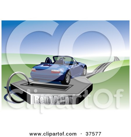 Clipart Illustration of a Blue Convertible Rental Car On A Platform With A Road Through Rolling Hills by Eugene