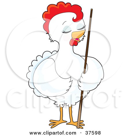 Clipart Illustration of a Pretty White Female Chicken Standing With a Billiards Pool Cue Stick by Maria Bell