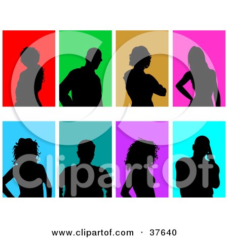 Clipart Illustration of Eight Black Silhouetted Male And Female Avatars With Colorful Backgrounds by KJ Pargeter