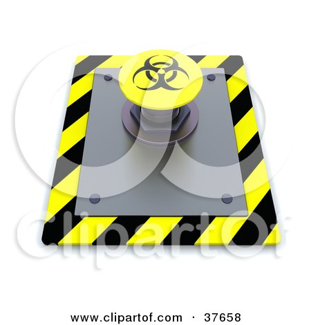 Clipart Illustration of a Yellow Bio Hazard Push Button On A Control Panel by KJ Pargeter