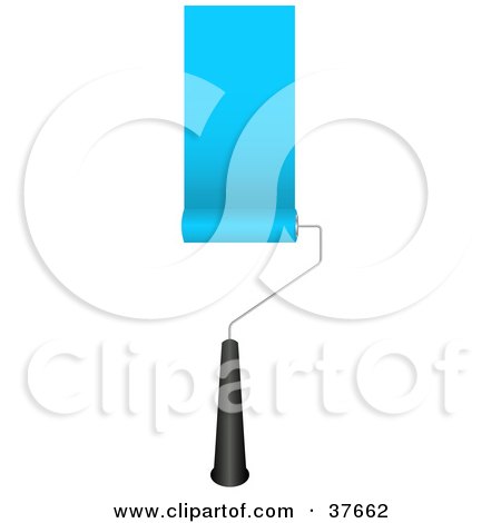 Clipart Illustration of a Rolling Paintbrush Painting A Stripe Of Blue On A Wall by KJ Pargeter
