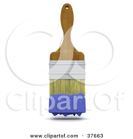 Clipart Illustration of a Wooden Handled Paint Brush With Blue Paint On The Bristles by KJ Pargeter
