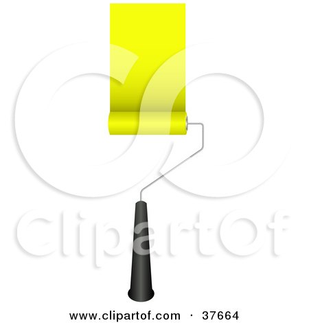 Clipart Illustration of a Rolling Paintbrush Painting A Stripe Of Yellow On A Wall by KJ Pargeter