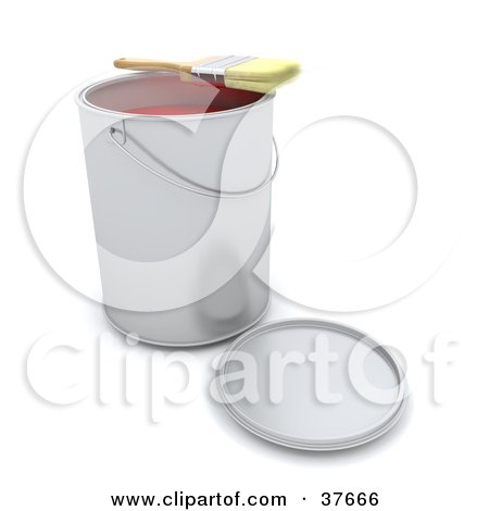 Clipart Illustration of a Paint Brush Resting On Top Of A Can Of Red Paint by KJ Pargeter