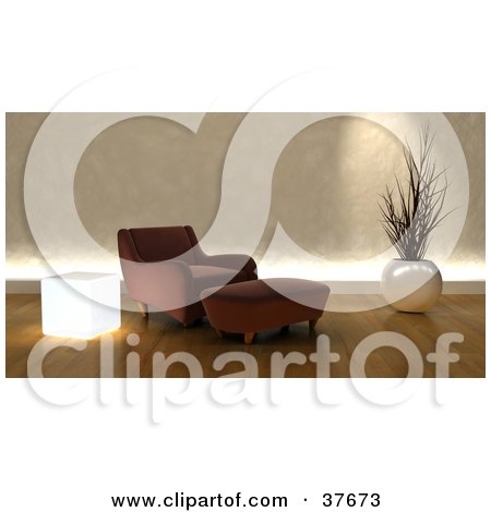 Clipart Illustration Of A Modern Brown Arm Chair And Ottoman In A Living Room by KJ Pargeter