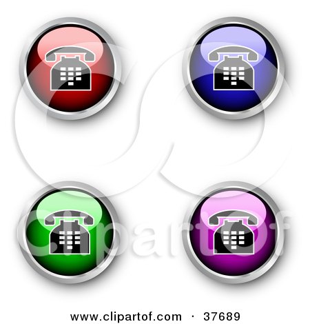 Clipart Illustration of Four Red, Blue, Green And Purple Shiny Telephone Contact Buttons by KJ Pargeter