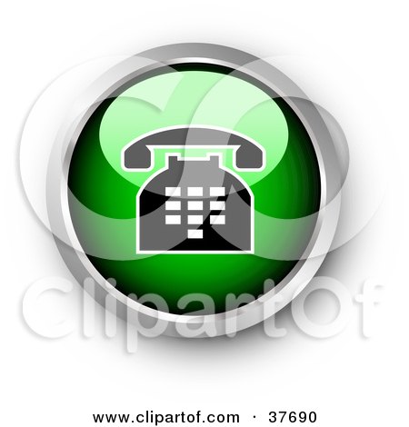 Clipart Illustration of a Chrome And Green Shiny Telephone Contact Button by KJ Pargeter