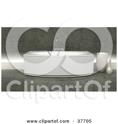 Clipart Illustration of White Vases Beside A Modern White Bath Tub In A Washroom by KJ Pargeter