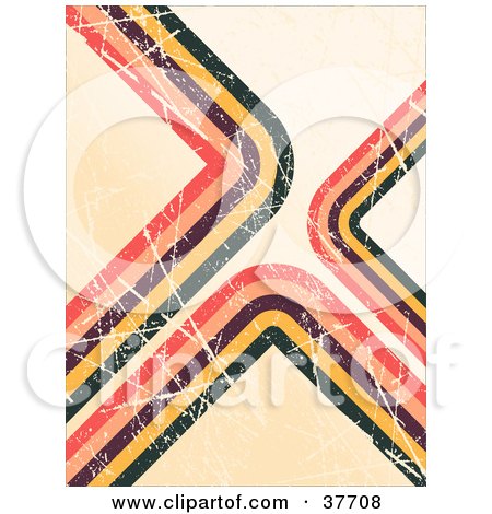 Clipart Illustration of a Scratched Retro Background Of Brown, Yellow, Green, And Pink Corners On Beige by KJ Pargeter