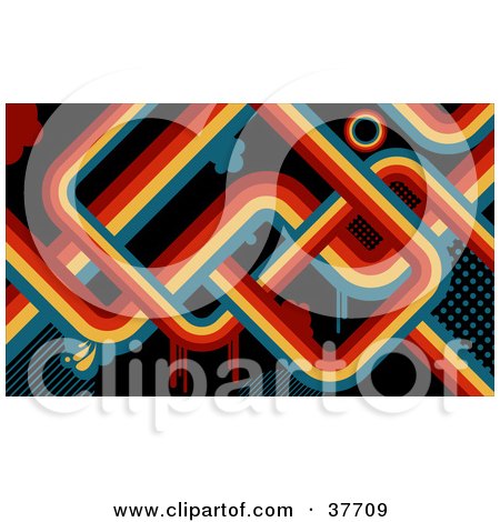 Clipart Illustration of a Twisting Retro Background Of Red, Orange, Yellow And Blue Lines And Drips Over Black by KJ Pargeter