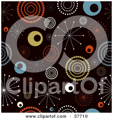 Clipart Illustration of a Retro Background Of Colorful Bursts And Circles On Black by KJ Pargeter