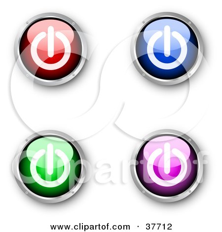 Clipart Illustration of Four Red, Blue, Green And Purple Shiny Power Buttons by KJ Pargeter
