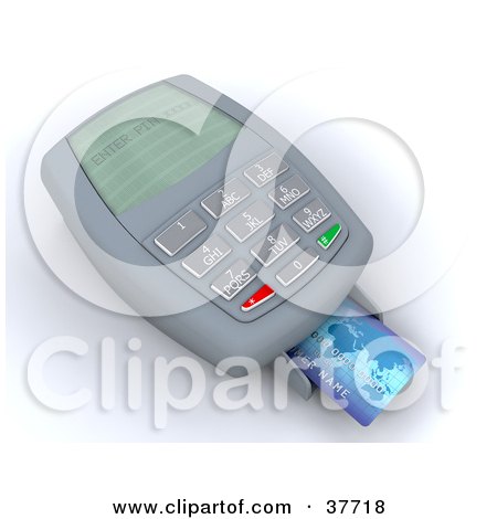 Clipart Illustration of a Blue Credit Card Resting In The Tray Of A Charge Machine by KJ Pargeter